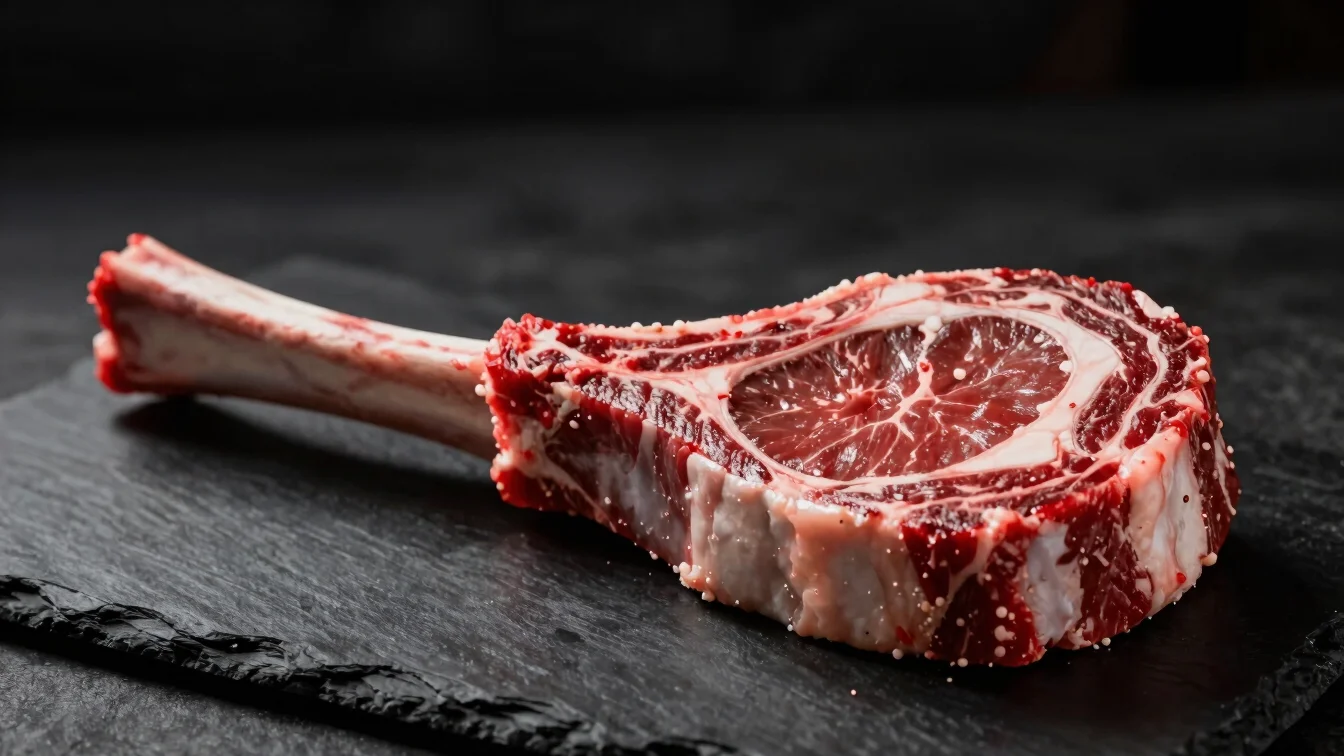 Dramatic close-up of a raw Tomahawk steak with bone, presented on a dark slate, warm light highlighting texture, moody b