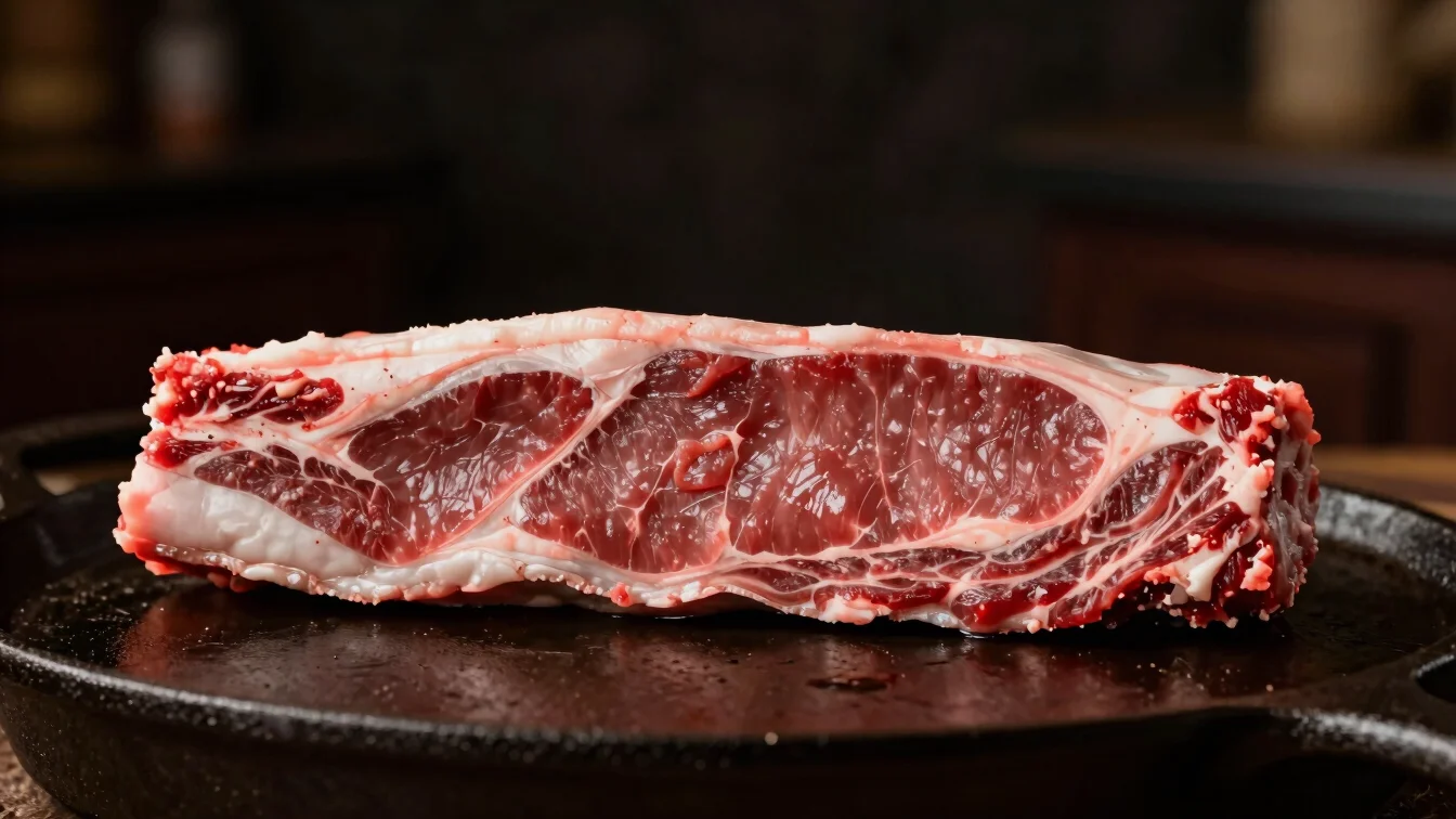 Macro shot of a raw Picaña cut, fat cap visible, on a cast iron surface, warm glow, dark background