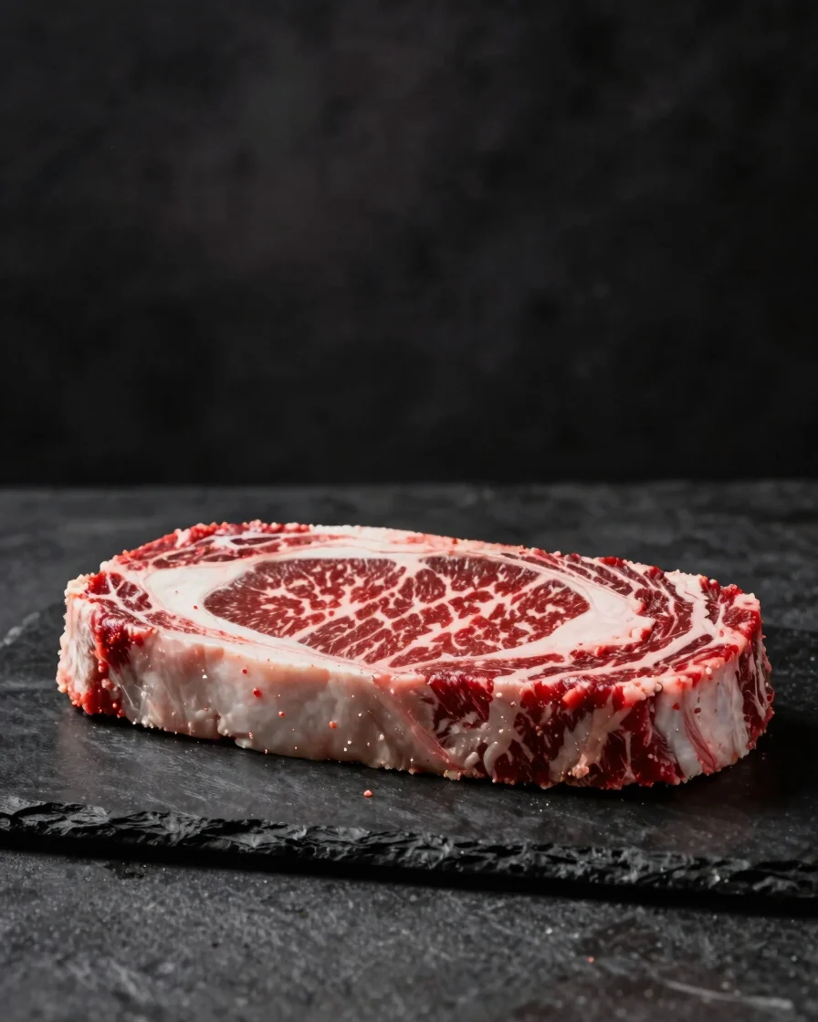 Dramatic culinary detail photograph of a raw marbling Ribeye steak on dark stone slab with warm directional lighting hig