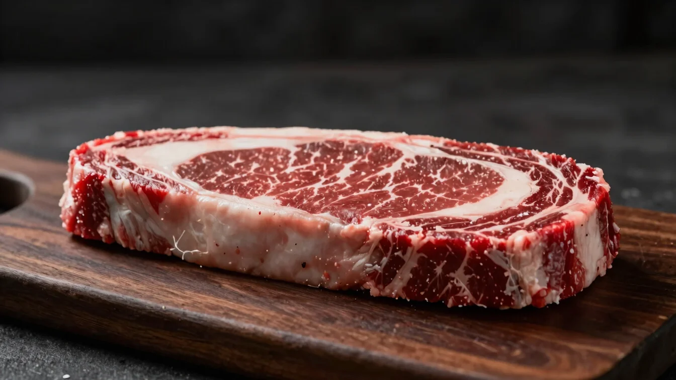 Close-up of a raw Ribeye steak on a dark wooden board, rich red color, visible marbling, warm directional lighting, mood